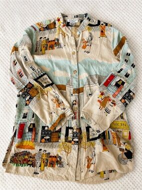 Vintage CITRON 100% Silk Novelty Santa Monica Print Jacquard Button-Up Blouse